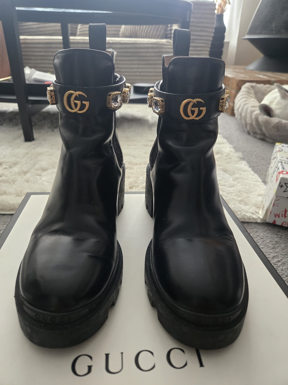 Gucci Black Leather Ankle Boots with Gold GG Buckle